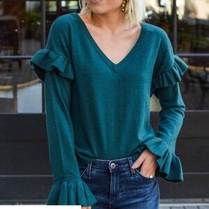 BB DAKOTA OUT TO LUNCH RUFFLE SLEEVE SWEATER-EVERGREEN